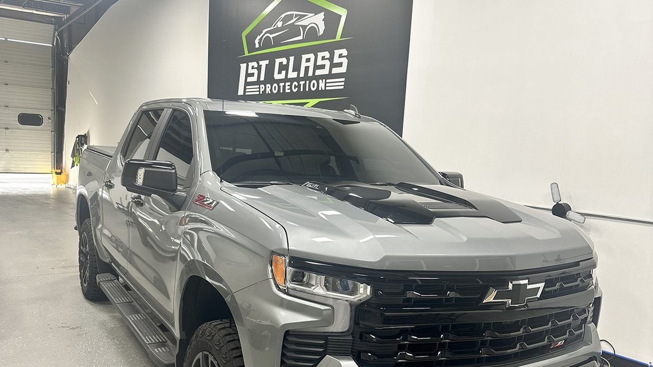 A Chevrolet Silverado Trail Boss inside the 1st Class Protection shop.